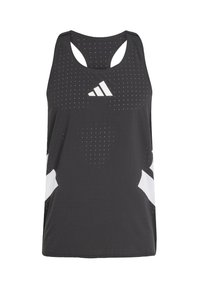 Débardeur athlétique noir avec texture perforée, logo blanc, et accents contrastants blancs. Encolure dégagée et dos nageur.