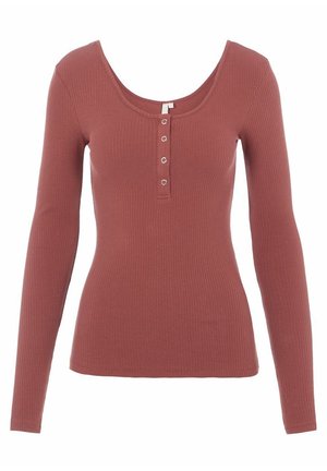 Top met lange mouwen, geribbeld, stoffig rozenkleurig henley-topje met ronde halslijn en vier drukknoopjes aan de voorkant in het midden.