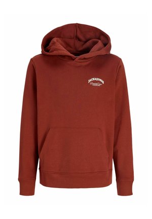 Sweat à capuche couleur rouille avec poche avant et petit logo blanc « Jack & Jones Denim Crew Collective » sur la poitrine.