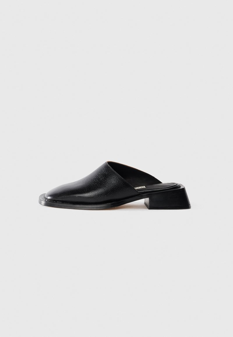 Mule en cuir noir avec un petit talon carré et un bout pointu, présenté de côté sur un fond blanc.