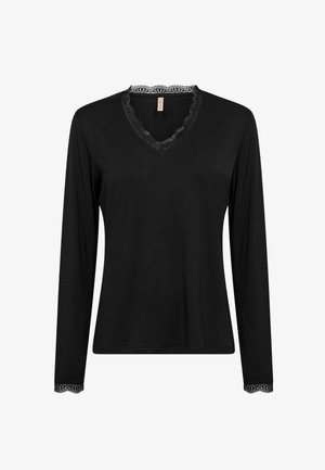 Schwarzes Langarm-Top mit V-Ausschnitt und Spitzenbesatz sowie passenden Spitzenakzenten an den Manschetten, gefertigt aus einem weichen, leichten Stoff.