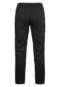 Zwarte sportbroek met een elastische tailleband en een soepele textuur. Heeft rechte pijpen en geen zakken, ontworpen voor comfort en bewegingsvrijheid.