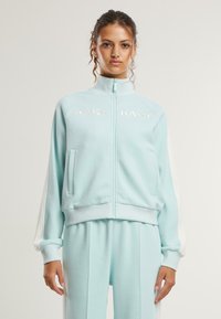Šviesiai mėlynas zip-up treniruotės švarkas su aukštu apykakle, baltomis šoninėmis juostelėmis ir išsiuvinėtu „KARL KANI“ logotipu priekyje. Minkšta audinio tekstūra.
