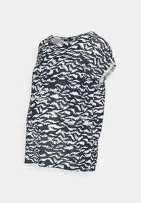 Top de manga curta em azul-marinho e branco, com um padrão texturizado em ondas, gola redonda e corte descontraído. Feito de tecido leve.