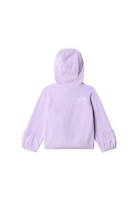 Lys lilla fleecehettegenser med hette og elastiske mansjetter, med en liten hvit logo på øvre del av ryggen. Myk tekstur og enkelt design.