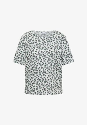 Chemise blanche à manches courtes avec motif intégral de palmiers noirs et verts, encolure ronde et étiquette "CECIL" à l'intérieur du col.