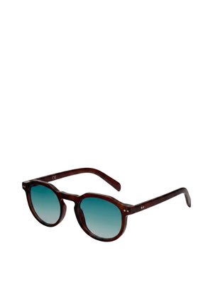 Lunettes de soleil rondes avec monture écaille de tortue marron et verres dégradés bleu-vert sur fond blanc.
