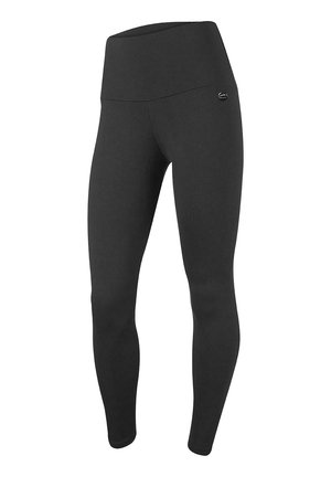 Leggings negros de talle alto para mujer con un pequeño logo circular en el muslo superior izquierdo, diseño sin costuras y longitud completa.