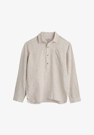 Lichtbeige linnen shirt met een button-down kraag, lange mouwen en een enkele borstzak. Beschikt over een ontspannen pasvorm en een textuurstof.