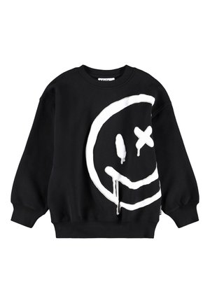 Czarna bluza z kapturem z dużym białym nadrukiem uśmiechniętej twarzy, z jednym przekreślonym okiem i jednym okiem z łzą.