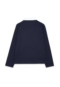 Marineblaues Poloshirt mit langen Ärmeln und weißem Kragen, aus glattem Stoff gefertigt, mit geradem Saum und seitlichen Schlitzen für mehr Bewegungsfreiheit.