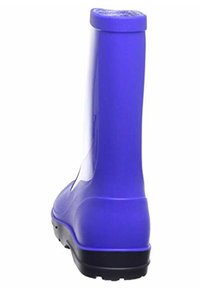 Botte de pluie en caoutchouc violette avec un haut tige, texture lisse et semelle noire plate. Présente un haut arrondi et aucun élément décoratif.