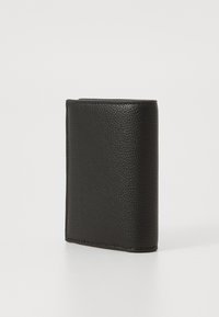Black leather wallet, textured surface, bi-fold design, compact rectangular shape, minimal stitching detail, no visible hardware or accents.