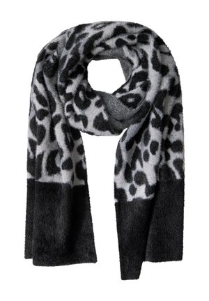 Zachte zwarte en grijze sjaal met een luipaardprintpatroon en effen zwarte uiteinden, opgevouwen in een lus.