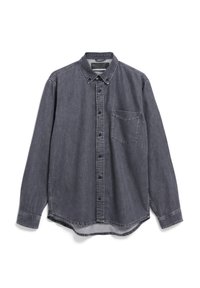 Camicia in denim grigio scuro a maniche lunghe con bottoni frontali, taschino sul petto e colletto classico.