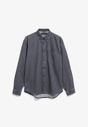 Long-sleeve dark gray denim shirt with button-up front, single chest pocket, and classic collar.