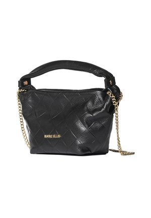 Schwarze Lederhandtasche mit gesteppter Musterung, goldener Kettenriemen, gepolstertem Griff und „Marc Ellis“-Logo in goldener Schrift auf der Vorderseite.