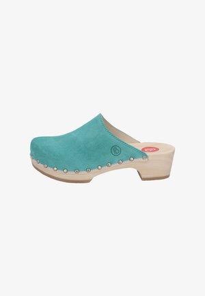 Turquoise suede clog with a wooden base, round toe, and silver studs along the edge. Features a logo near the heel.