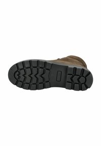 Stivale in suede marrone con suola in gomma nera robusta caratterizzata da un forte battistrada. I dettagli notevoli includono un design flessibile e accenti testurizzati.