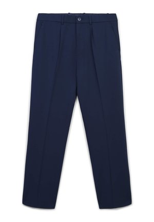 Marineblaue maßgeschneiderte Hose mit vorderen Falten, seitlichen Taschen, Gürtelschlaufen und einem Knopfverschluss am Taillenbund.