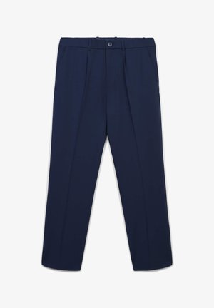 Navy blue tailored trousers with front pleats, side pockets, belt loops, and a button closure at the waistband.