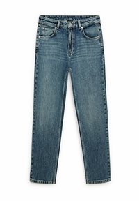 Siniset farkut, joissa on suora lahje, viisi taskua, napp closure ja hienovarainen haalistuva pinta, perinteinen keskikorkea vyötärö.