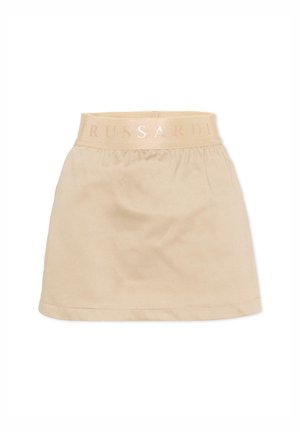 Gonna casual beige con fascia elastica in vita con il nome del marchio "Trussardi" in scritta sobria.