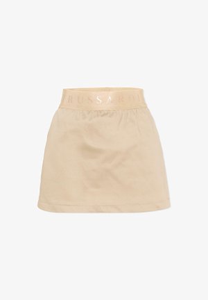 Falda casual beige con cinturilla elástica que lleva el nombre de la marca "Trussardi" en letras sutiles.