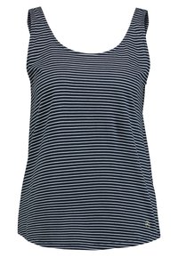 Canotta blu navy con strisce orizzontali bianche, realizzata in tessuto morbido. Presenta spalline larghe e un collo arrotondato.