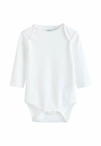 Vit långärmad bodysuit i mjukt bomullstyg, med rund hals, tryckknappar i nederkant och en slät yta.