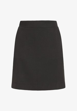 Czarna, prostokątna mini spódnica z elastycznym paskiem i czystym wykończeniem, gładki design, bez widocznych wzorów czy ozdób.