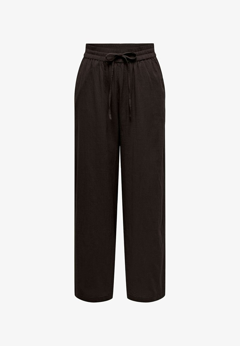 Locker sitzende schwarze Hose mit elastischem Bund und Bindeband, geradem Bein und leichtem Stoff.