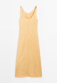 Ärmelloses gelbes Leinenkleid mit rundem Halsausschnitt, geradem Schnitt und mittellanger Saumlänge. Verfügt über eine weiche Textur und ein einfaches Design.