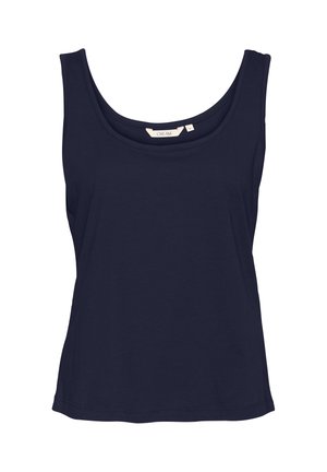 Marineblaues Tanktop aus weichem Stoff mit rundem Ausschnitt, breiten Trägern und lockerem Schnitt, ohne Muster oder Verzierungen.
