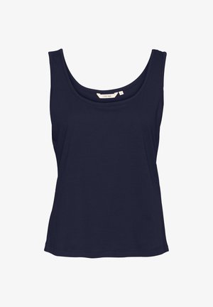 Débardeur bleu marine en tissu doux, présentant un col rond échancré avec des bretelles larges et une coupe ample, sans motifs ni accents.