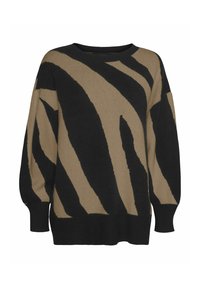 Pull en tricot avec une coupe ample, un col rond et des manches longues. Motif rayures zébrées noir et fauve avec des bords côtes aux poignets et à l'ourlet.