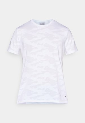 White short-sleeve t-shirt featuring a subtle tonal camouflage pattern, round neck, smooth texture, and small logo detail at the hem.