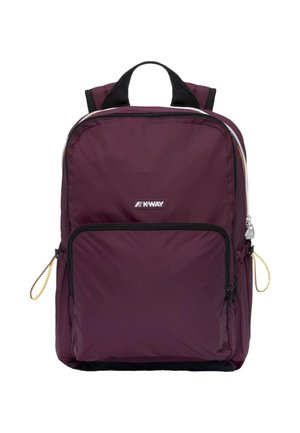 Zaino K-Way viola con rifiniture nere, tasca frontale con cerniera, doppi passanti laterali, manico superiore e spallacci imbottiti.