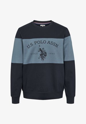 Marineblaue und hellblaue Pullover-Sweatshirt aus weichem Stoff, mit Rundhalsausschnitt, gerippten Bündchen und einem vorderen Grafikdruck mit "U.S. Polo Assn."