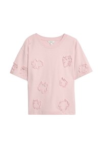 Rosa bomullströja med avslappnad passform, prydd med texturerade blommigapplikationer i olika storlekar över hela tyget. Korta ärmar.