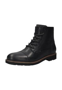 Bottine en cuir noir à bout capé, avec laçage à l'avant, col rembourré et semelle cousue marron.