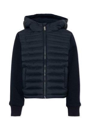 Veste matelassée noire avec devant matelassé, manches en tissu lisse, poignets côtelés, fermeture éclair frontale complète et capuche attachée.
