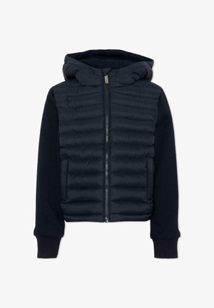 Veste matelassée noire avec devant matelassé, manches en tissu lisse, poignets côtelés, fermeture éclair frontale complète et capuche attachée.