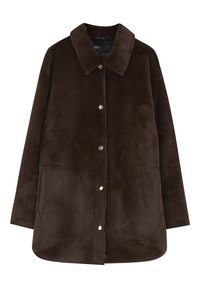 Brown faux fur coat with a collar, snap button closure, and two large, rounded front pockets. Soft texture and relaxed fit.
