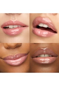 Four close-up views of diverse lips wearing glossy pink lip gloss with natural teeth visible in some shots.