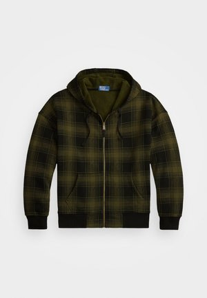 Zeleno-črna karirana zip-up kapuca z dvema sprednjima žepoma, nastavljivo kapuco ter rebrastimi zapestji in robom. Mehka notranja obloga.