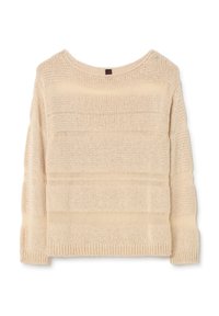 Beiger Pullover mit weitem Bootsausschnitt. Merkmale sind strukturierte horizontale Streifen sowie gerippte Bündchen und Saum. Leichtes und lässiges Design.