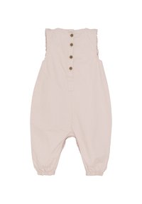 Ljusrosa bomullsromper med vertikala ränder, volangärmar och fem bruna knappar framtill. Elastisk nederkant.