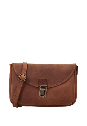 Hnedá kožená kabelka cez rameno s nastaviteľným remienkom a zapínaním na pracku zo starobronzu na zaoblenom klape.
