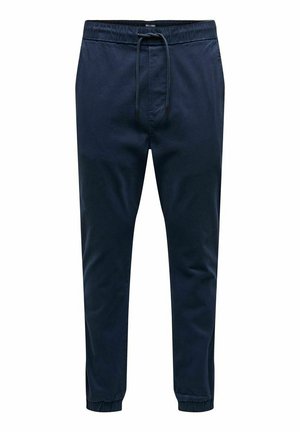 Pantalon de jogging bleu marine avec taille élastique et cordon de serrage, jambes fuselées et poignets élastiques, adapté pour une tenue décontractée.